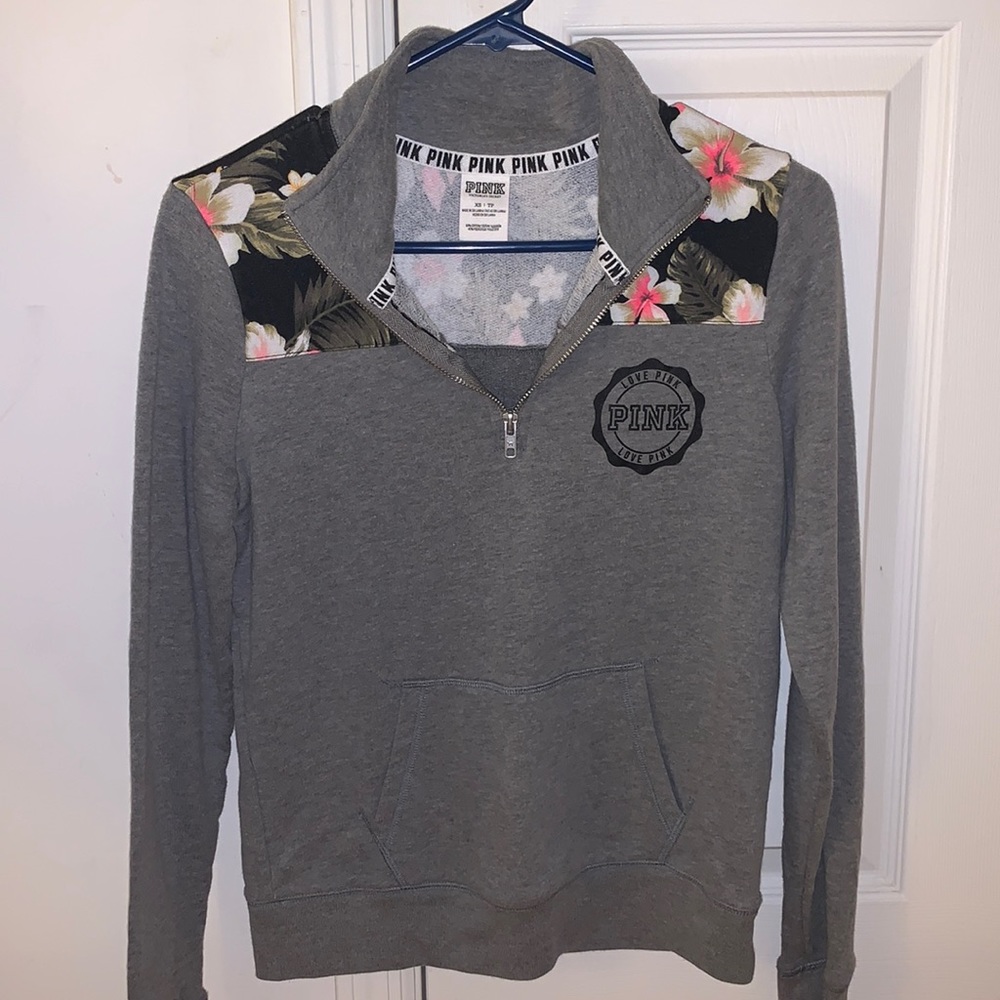 VS PINK half-zip sweater, grey and floral